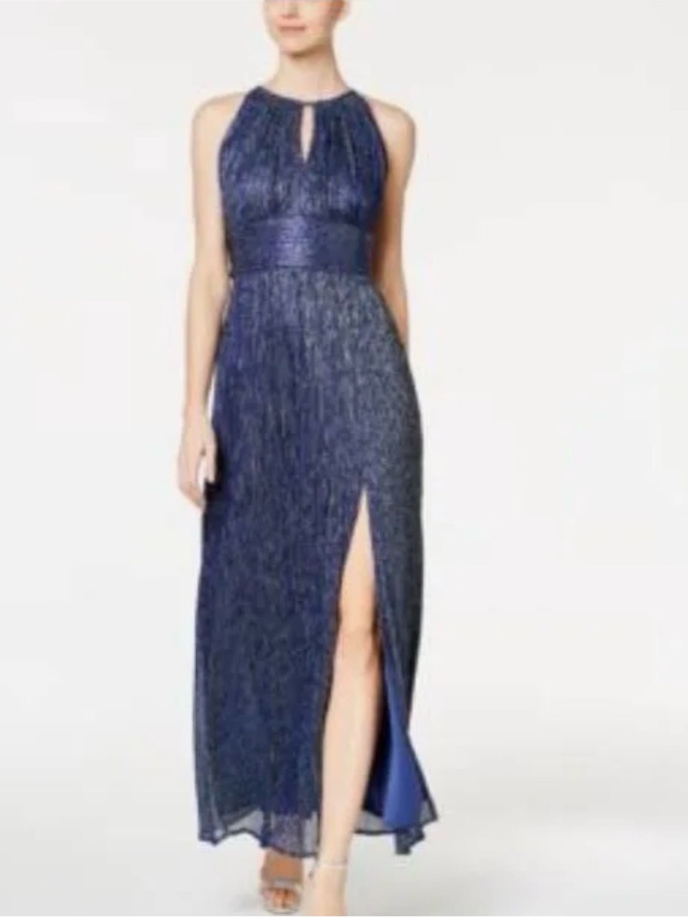 R&M Richards Navy Metallic Sleeveless Halter Maxi Dress with Side Slit